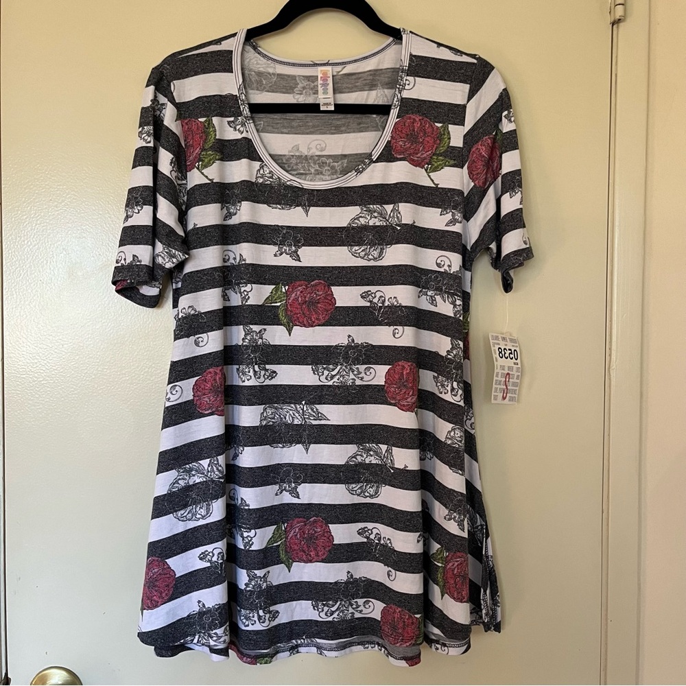 LuLaRoe Perfect T Tunic Top NEW Small Stripe Floral Rose Short Sleeve Gray White